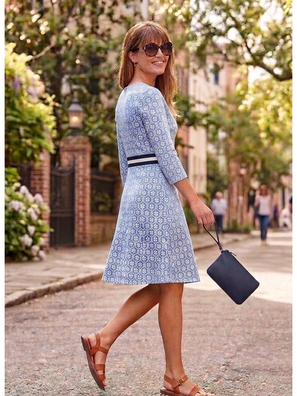 Draper James Presley Ponte Dress S Blue White Honeycomb Floral Work Wedding